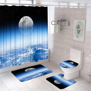 Duschvorhänge Vollmondsee Ozean Set mit Teppich Toilettenabdeckung Bad Matte Planet Star Sky Dreamy Night Szene Badezimmer Vorhang