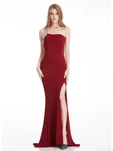 Party Dresses Angel-Fashions One Shoulder Beading Slit Long Prom Wedding Guest Gown Wine Red 376