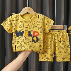 Pyjamas Summer Boy Clothing Set Childrens Tecknad tryckt kortärmad t-shirt Top+Shorts Childrens Baby Boy Pure Cotton Pyjamas Casual Wear D240515