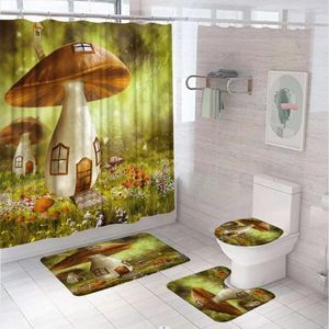 Duschgardiner 3D svampgardin sätter fantasi skog sagan badrum icke-halkbadmatta mattan toalettskydd