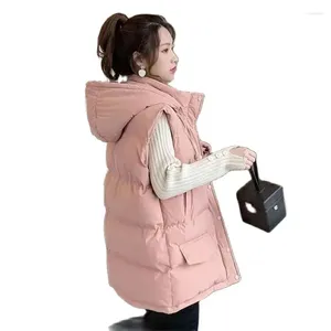 여성용 조끼 패션 내 다운 코튼 조끼 2024 면적으로 옷을 입은 옷 미드 길이 후드 가을 겨울 코트 따뜻한 캐주얼 재킷