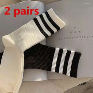 Women Socks 2 Pairs Striped Black White Short For Woman Harajuku Hip Hop Skateboard Crew Cotton Casual Unisex Men Women's