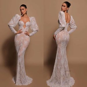 Mermaid Lace Dresses Puffy Long Sleeves Designer Wedding Dress Full Lace Wedding Bridal Gowns 0515