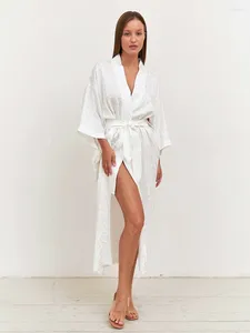 Home Clothing Mathaiqqi White Spring Female Robe Sexy V-Neck Sleepwear Long Sleeve Bathrobe Lace Up Pajama Mid-Calf Dress Casual Women