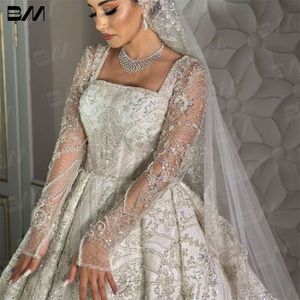 Elegant fyrkantig halsringning pärlstav brudklänning långärmad paljetterad strass bröllop klänning brud mantel vestidos de novia