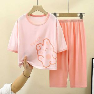 Pajamas 2024 New Childrens Summer Thin Pajama Set for Boys and Girls Cute Cartoon Three Quarter Sleeves O-Neck T-shirt Top with Pants Baby Home Clothing d240515