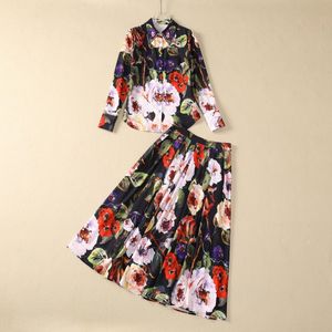 2024 Summer Rhinestone Floral Print Two Piece Dress Set Lång ärm Lapel Neck Single-Breasted Blus + Mid-Calf kjol Set Two Piece Suits S4A250412