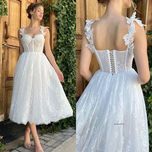 Eleganta vita klänningar spaghetti älskling spets prom party klänning te längd hemkomst klänning en rad 0515