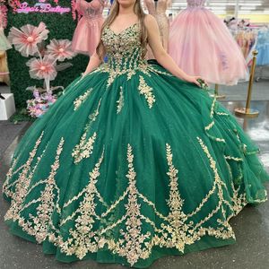 Green Shiny Ball Gown Quinceanera Dresses Gold Appliques Lace Beads Tull Bridal Gown Party Bride Dresses Vestidos 15 De Novia