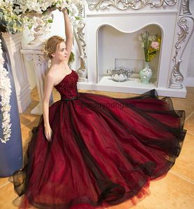 Schwarz-Red Gothic A-Line Brautkleider trägerloser funkelnder Perle Nicht weißer Vintage Bunte Hochzeitskleider Robe de Mariee