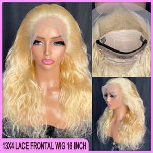 Alta qualidade Malásia PERUVIAN INDIANO Brasileiro 613 Wave Blond Body 13x4 Wig frontal de renda transparente 16 polegadas 100% crua Remy Cabelo humano