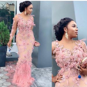 2021 Pink Aso Ebi Arabic Luxurious Lace Beaded Evening Dresses Feather Mermaid Long Sleeves Prom Dress Crystal Beads Formal Party Secon 240A