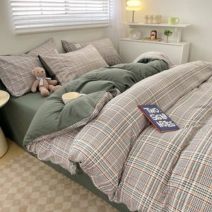 Nordic Plaid Pattern Wash Cotton Bedding Set Duvet Cover Pillowcase Bed Sheet Comforter Linens Queen King Size 240430