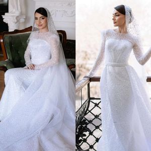 Gorgeous Sheath Sequins Dress For Long Sleeves Wedding Dresses Bridal Gowns With Detachable Train Saudi Arabic Bride Dress 0515