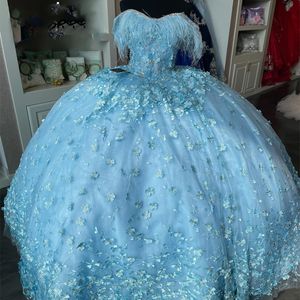 Sky Blue Shiny Quinceanera Dress Ball Gown Sequined Crystal 3D Flowers Feather Tull Corset Sweet 16 Vestidos 15 De Quinceanera