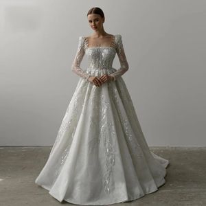 A-Line Sparkly Wedding Dresses 2024 Boat Neck Long Sleeve Lace Embroidery Bridal Gowns Exquisite Bride Party Dress Vestido De Noiva