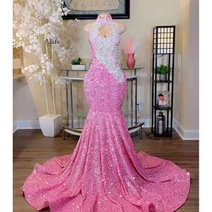 Pink paljetterade sjöjungfruklänningar för svart tjej Sier Applique Crystal pärlstav lång aftonklänning Special OCN -klänningar 0219 0515