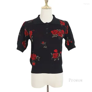 Kvinnors polos Laides Summner Tops 2024 Rose Jacquard Sticked Half-Open Lapel Kort ärm T-shirt Kvinnor Black Sumer Tee Polo Shirt