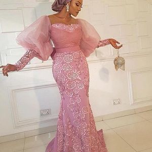 Puff Sleeves Mermaid Evening Dresses Aso Ebi Lace Appliques Prom Dress Plus Size Sheer Neck Formal Party Gowns 2787