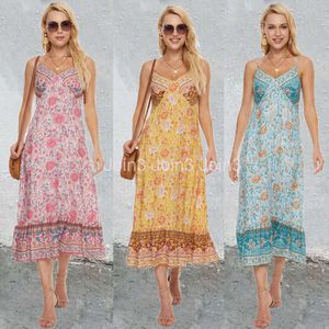 صيف جديد نساء بوهيميان حزام مجزأ فستان زهرة البوهيمي فستان الأزهار البوهيمي