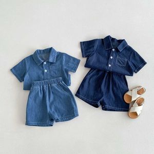 Clothing Sets Baby and toddler summer Korean version denim thin cardigan short sleeved shorts denim suit suitable for ages 0-4 2-piece set