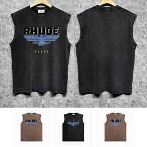 Rhude Summer Cotton T Shirt Designer Mens Tank Topsトレンディブランドルーズ通気性のあるノースリーブTシャツZJBRH051ブルーイーグルプリントファッションスポーツ衣服サイズS-XXL