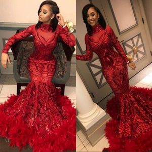 Red Mermaid African Prom Dresses 2020 Vintage Feather Long Sleeve Floor Length Sequined High Neck Formal Evening Dress Party Gowns 276y