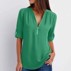 Women's Blouses Shirts Spring Casual Zipper Women Tops Fashion V-neck T-shirt Loose Solid Clothes Summer New Elegant Blouse Y240510