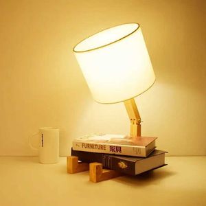 Table Lamps Robot Shape Wooden Table Lamp E14 Lamp Holder 110-240V Modern Cloth Art Wood Desk Table Lamp Parlor Indoor Study Night Light