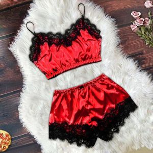 Home Clothing Fashion Women'S Sexy Lace Two Piece Set Women Satin Camisole With Bow Shorts Pajamas Lingerie Sleepwear S-Xl