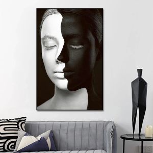 Mulheres enfrentam imagens de figuras brancas e pretas, pintura de lona abstrata nórdica, pôster e estampas de arte de parede, decoração de casa