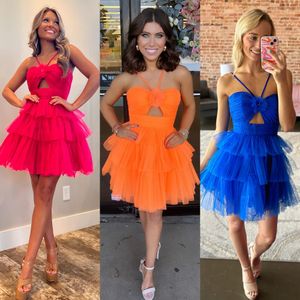 Miss Lady Pageant Interview Kleid Orange Rüsche Tüll roten Teppich Couture Cocktailkleid Halbformale Event Party Abschluss Homecoming Night-Club Cut-out Rosette Blau