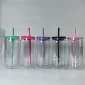 16oz Snow Globe Plastic Tumbler med Pre-Drill Stopper Mason Jar Acrylic Libbey Can Cups Colored PP LID STRAW COLA Food Drinks Cup Student Återanvändbar Drink Tumbler