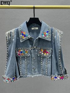 EWQ Tassel Chocket красочная алмазная джинсовая куртка мода женщина с длинными рукавами издава
