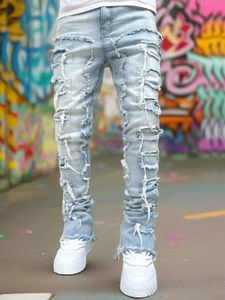 Rippade jeans manliga retro trend gata stil mode skarvade smala mångsidiga män casual rak denim byxor 240430