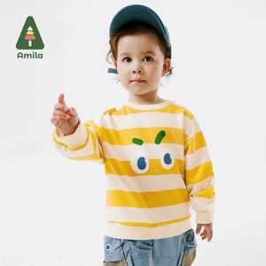 티셔츠 Amira Baby Hoodie 2024 Spring New 고품질 만화 프린트 스트라이프 및 다목적 라글란 슬리브 Pulloverl2405