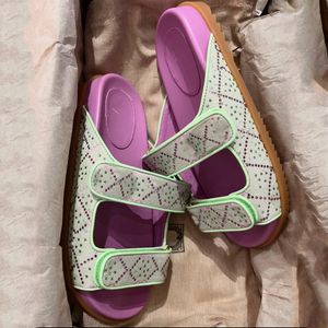 Designer Sandaler Summer Beach Women Men Sandale Flat Sandal med dubbla remmar Purple Green G Crystal Canvas Platform Slipers Ladies Slides