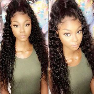 Wigs 360 Lace Frontal Wig Pre Plucked Brazilian Virgin Hair Deep wave curly Front Human Wigs For Black Women(16 inch,130density diva1