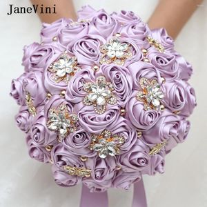 Bröllopsblommor Janevini Luxury Light Purple For Bride Bouquets Artificial Satin Rose Crystal Diamond Bridal Bridesmaid Bouquet