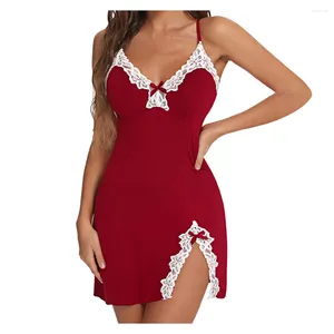 Women's Sleepwear Sexy Lingerie Women Lace Silk Satin V-Neck Nightgown Split Hem Dress