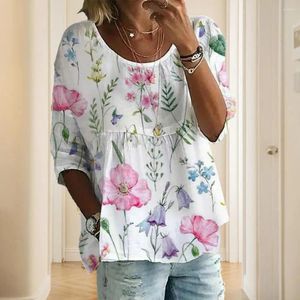 Kvinnors blusar Kvinnor Summer T-shirt Flower/Leaf Printing Pullover Big Hem Lady Blue Pleated O Neck Kvinnliga toppkläder