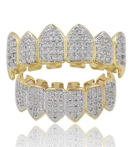 Hip Hop Iced Out CZ Mouth Teeth Grillz Caps Top Bottom Grill Set Men Women Vampire Grills2446351