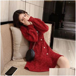 Grundläggande avslappnade klänningar Röd vintage Kinited Women Elegant Christmas Mini Dress Kvinnlig Slim Korean i ett stycke 2022 Nyårsfall Deli Dhhwx