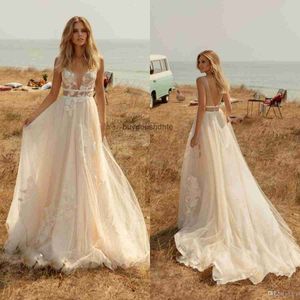 Eine Linie Strand Brautkleider Spitze appliziert bloß V Hals Brautkleid Boho Bohemian Hochzeitskleid Robe de Marie