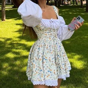 Spring Summer Puff Sleeves Fashion Party Dress Elegant Floral Print Patchwork Aline Lady Sexy Off Shoulder Holiday 240513