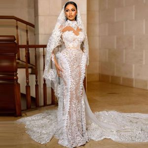 Retro Dantel Denizkızı Elbiseleri Suudi Arabistan Yüksek Boyun Sheer Uzun Kollu Gelinlikler Süpürme Tren Düğün Vestidos Peçe