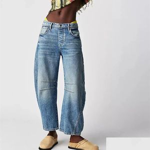 Jeans femininos Mulheres vintage da cintura média da perna larga namorado solto de jeans cortada