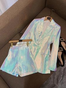 Brand Sequins Cloth For Women Long Sleeve Single Button Casual Shorts Suit Lady Fashion 2Pcs 240514