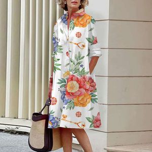 가을 겨울 새로운 뜨거운 판매 여자 긴 슬리브 폴로 목 셔츠 3D 디지털 꽃 인쇄 기질 드레스