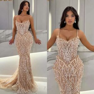 Champagne Mermaid Evening Dresses Pearls Straps Formal Prom Dress Beading Lace Dubai Arabic Red Carpet Gown Robe De Soiree 0515